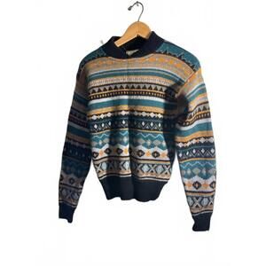 Vintage Sun Valley Crew Neck Virgin Wool Ski Sweater with Colorful Pattern M